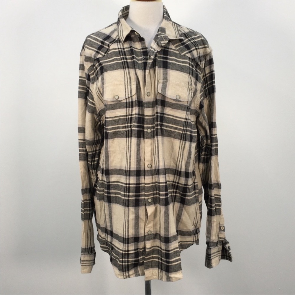 Lucky Brand Black and Cream Plaid Casual Button Down Shirt Slim Fit sz L